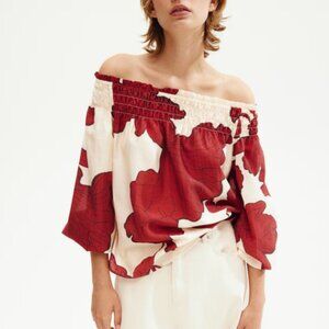 H&M Cream and Red Off-The-Shoulder Blouse, New with Tags L